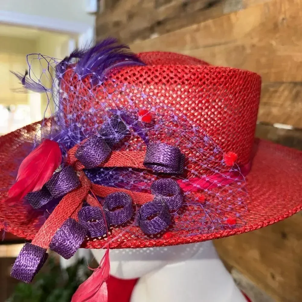 Custom Red Derby Hat Purple Feathers Rhinestones Netting Church Tea Party Events